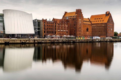 Stralsund, Germany, August 1, 2019: Scenic view of the harbour and the Ozeaneum aquarium in