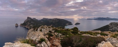 A panorama view of Cap de Formentor in northwestern Majorca at sunrise