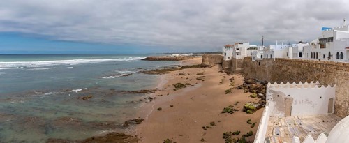 Scenic view of picturesque city center of Asilah, seen from the Marabout of Sidi Ahmad Mansour,