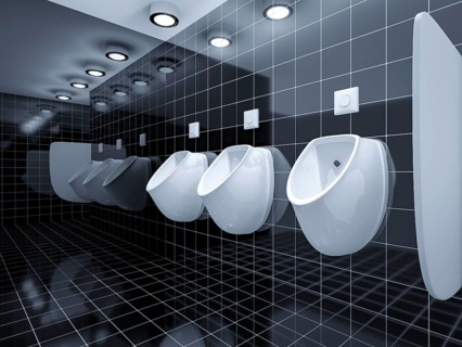 3d rendering of a public toilet with three urinals