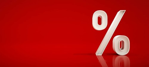 White percentage sign on red background. 3D illustration