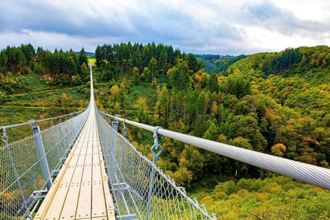 The magnificent Geyerlei is the longest suspension cable bridge in Germany. Hunsrück region in