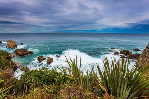 Foamy ocean surf before the storm. South Island, New Zealand. The picturesque coast of the Pacific