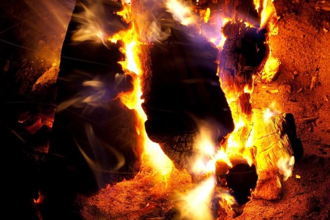 Burning logs in a camp fire at night