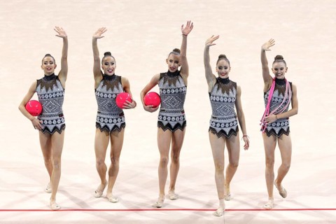 Sofia, Bulgaria - 6 May, 2017: Team Bulgaria performs during Rhythmic Gymnastics World Cup Sofia