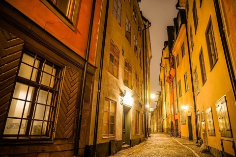 Night view of Gumla Tan Old Town. Shooting Location: Sweden, Stockholm