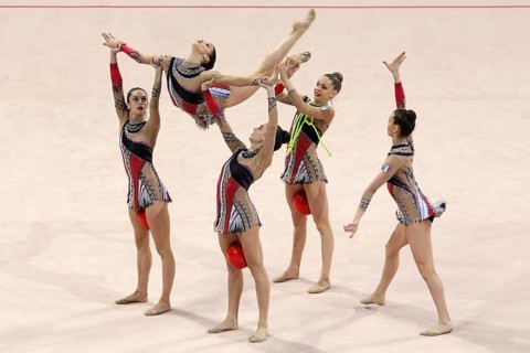 Sofia, Bulgaria - 1 April, 2018: Team Italy performs with balls and ropes during Rhythmic