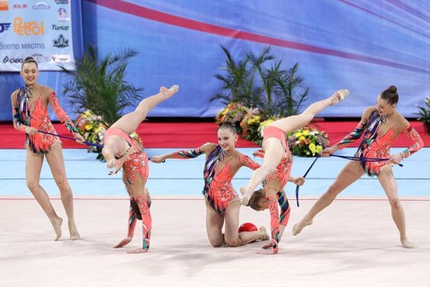 Sofia, Bulgaria - 7 May, 2017: Team Finland performs during Rhythmic Gymnastics World Cup Sofia