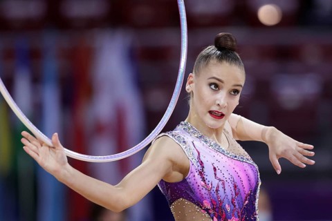 Sofia, Bulgaria - 27 March, 2021: Sabina Tashkenbaeva of Uzbekistan performs during the individual