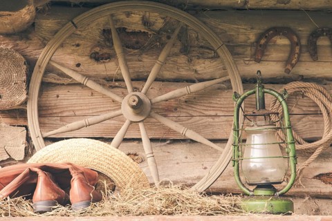Rural retro still life. Table near the granary