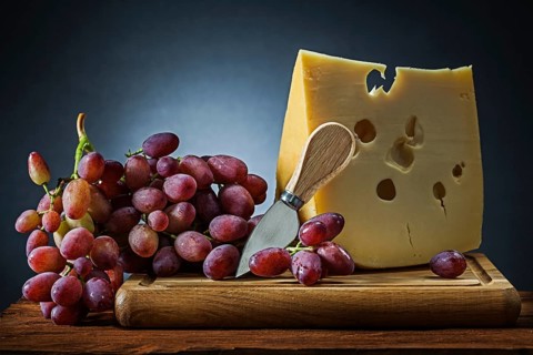 Piece of cheese and grape with knife on wooden chopping board black gradient background