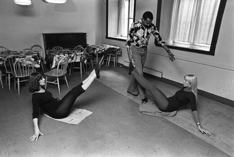The pop group ABBA. Its two female members Anni-Frid Lyngstad and Agnetha Fältskog practice and