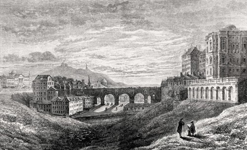 The old North Bridge, from the west, with Calton Hill in the background, in 1829, Edinburgh,