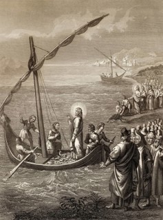 Miraculous Catch of Fish, Steel engraving 1853, digitally restored