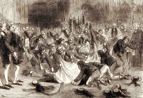 Horatio Nelson's funeral at St Paul's Cathedral on 9 January 1805, sailors tearing his flag apart