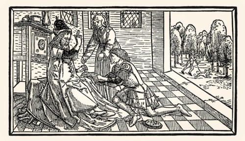 Isaac blesses Jacob, Middle Low German Lübeck Bible, by Steffen Arndes, 1494, digitally restored