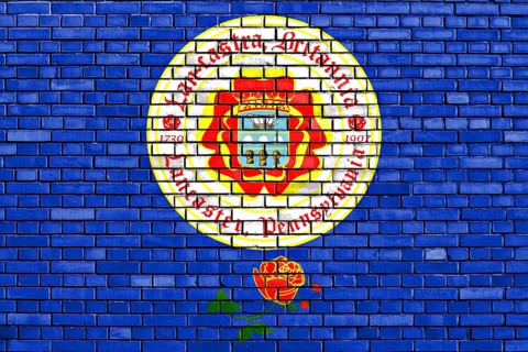 Flag of Lancaster painted on brick wall