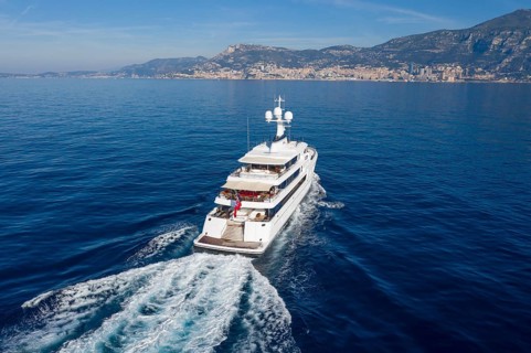 Aerial view 74 metre motor yacht AURORA, delivered in 2017 by the German shipyard Lürssen Yachts,