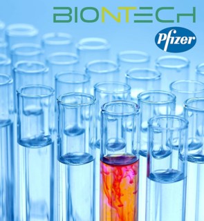 A single syringe, corona vaccine from Biontech and Pfizer, logo, test tubes, laboratory examination