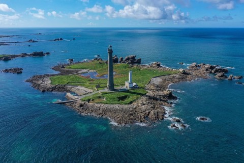 Aerial view island Ile Vierge with lighthouses Phare de l'Ile Vierge, old lighthouse from 1845 and