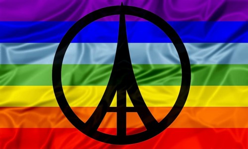 The international flag of peace with peace and Eiffel Tower symbols inside