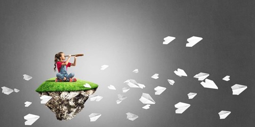 Cute kid girl sitting on floating island against concrete background