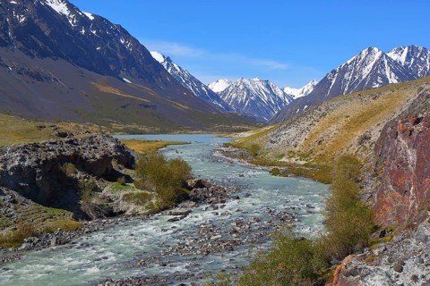 Mountain landscape with river in Altay, Russia
