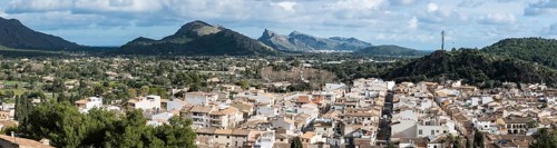 Pollenca, Spain, 12 28 2017: Extra large panoramic view over the village and mountains