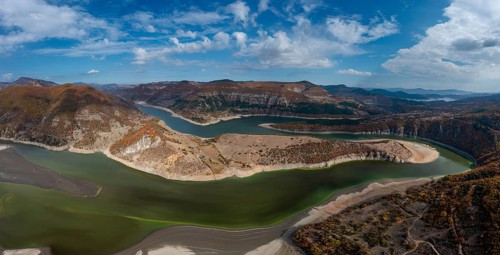 A panorama drone view of the Kardzhali reservoir and Arda River Bends in Bulgaria