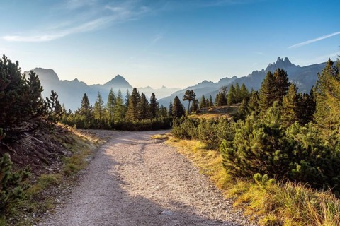 Wide trail in the Dolomites. Hiking trip, Walking path in dolomites landscape. The Tofane Group in