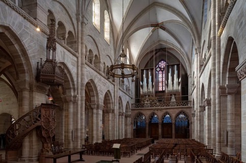 Basel, Cathedral (Basel Minster), view to the west, pulpit 1486 by Hans Nussdorf