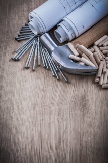 Set of construction plans claw hammer dowels and stainless nails