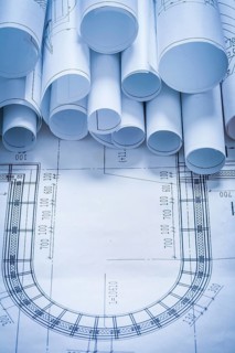 Variety of blueprint rolls construction concept