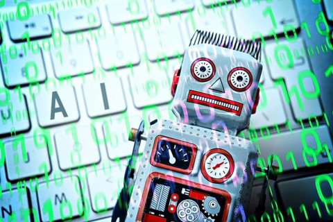 Robot on computer keyboard, symbolic photo of artificial intelligence, photomontage