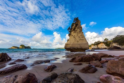 Huge boulders and picturesque rocks on a sandy beach. The New Zealand, North Island. Ocean low tide