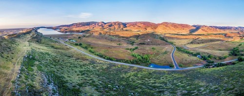Aerial panorama of foothills near Fort Collins, Colorado with Horsetooth Reservoir, Lory State