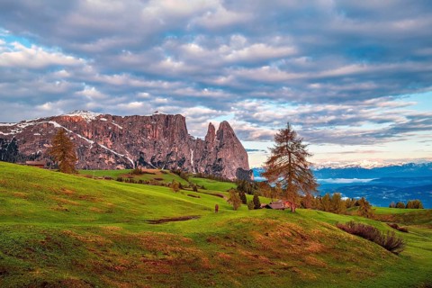 Panoramic view of Mount Sciliar on the Seiser Alm in the Dolomites in South Tyrol, Italy