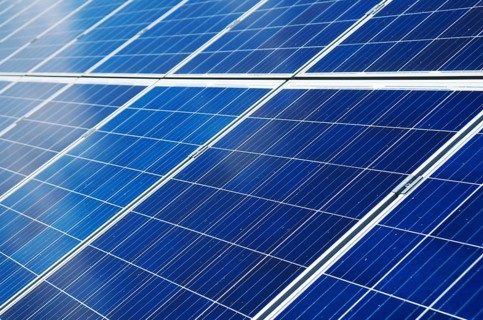Close-up view of blue solar panels. Renewable energy
