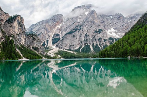 View of lake Braies, one of the most beautiful lakes of the Dolomites