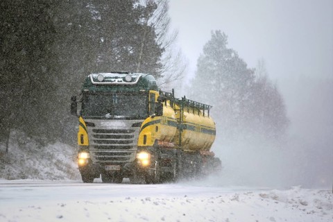 SALO, FINLAND, FEBRUARY 24, 2017: Colorful tank truck of Kuljetusliike K. Pekki transports goods