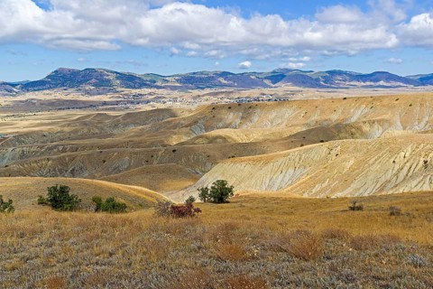 Clay ravines with traces of soil erosion and weathering at the foot of Cape Meganom. Crimea, a