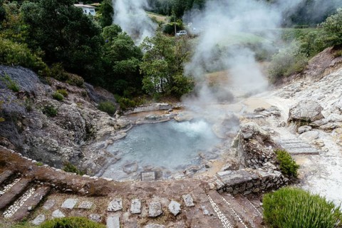 Volcanic hotsprings Of The Lake Furnas. Sao Miguel, Azores. Lagoa das Furnas Hotsprings. Steam
