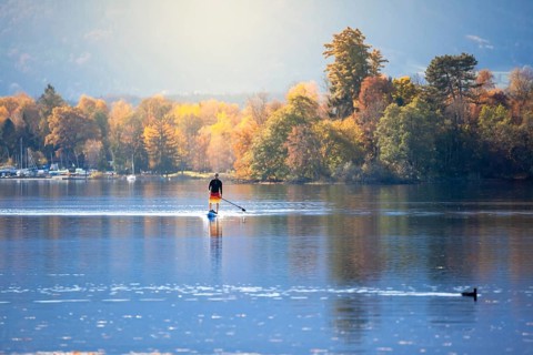 An image of a stand up paddling man at autumn the lake