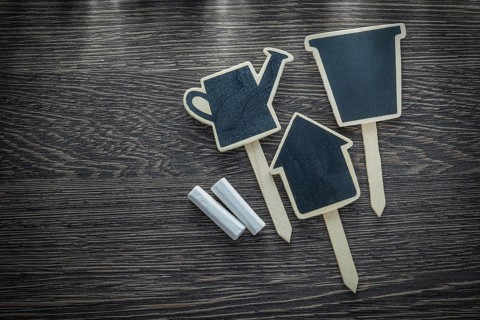 Gardening chalkboard sign tags on wood board