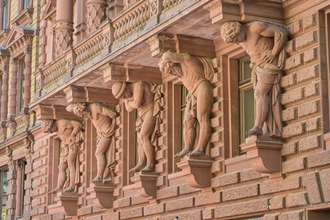 House on Börsenplatz, male figures on balcony, red sandstone, Frankfurt am Main, Hesse, Germany