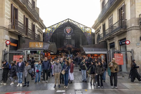 Entrance to the famous public market hall Mercat de la Boqueria on Rambla Street, Barcelona,