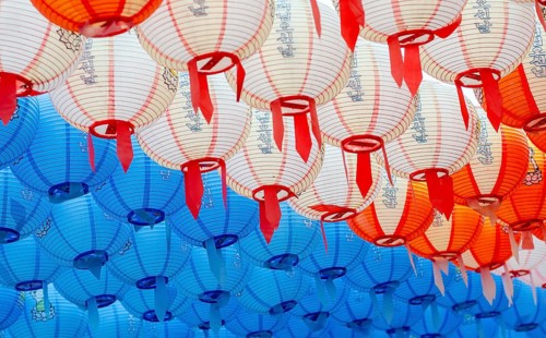 Colorful korea paper lanterns lighting at night in Seoul South Korea