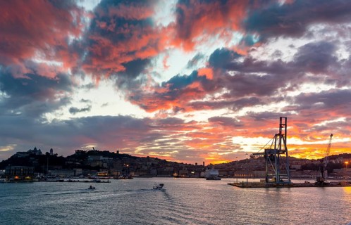 Ancona, Italy, 24 November, 2022: the harbor entrance and old town of Ancona on the Adriatic Sea at