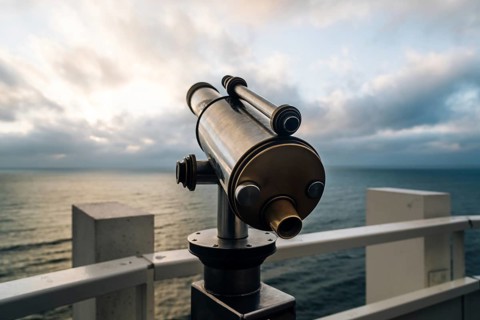 Telescope in the beach at sunset, focus on foreground