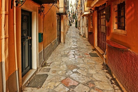 The famous alleyways (kantounia) in the old town of Corfu, Greece